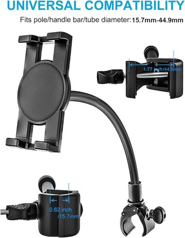 حامل الكمبيوتر اللوحي بمقود Gooseneck للهاتف والآيباد مقاس 4.7 بوصة - 12.9 بوصة - حامل الكمبيوتر اللوحي للدراجة الدوارة، جهاز المشي، دراجة التمارين، الدراجة الثابتة، ركوب الدراجات الداخلية لجهاز iPad Pro، Air، Mini/iPhone/Tab in Kuwait