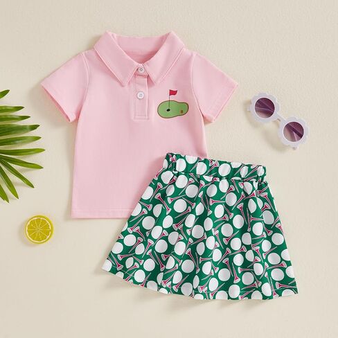 Toddler Baby Girl Golf Outfit Short Sleeve Hole in One Polo T Shirt Golf Print Mini Skirt Set 2Pcs Summer Clothes in Saudi Arabia
