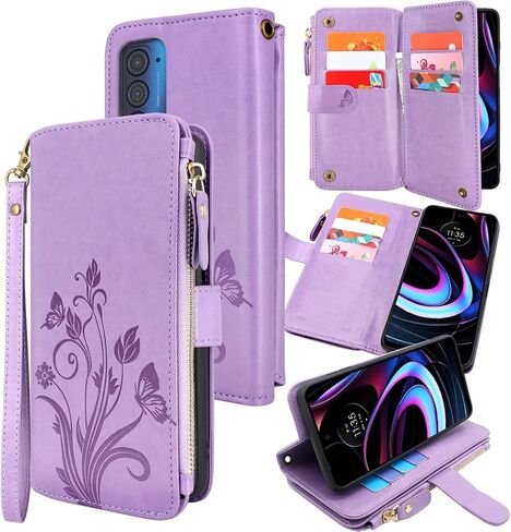 Lacass [Cards Theft Scan Protection 10 Card Slots Holder Zipper Pocket Wallet Case Flip Leather Cover with Wrist Strap Stand for Motorola Moto Edge 2021/Edge 5G UW 2021 Case(Floral Dark Purple) in Saudi Arabia