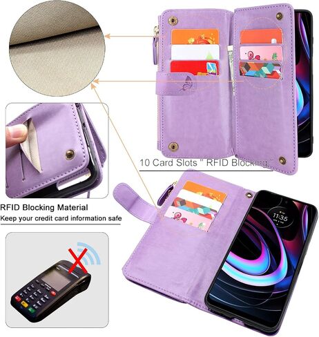 Lacass [Cards Theft Scan Protection 10 Card Slots Holder Zipper Pocket Wallet Case Flip Leather Cover with Wrist Strap Stand for Motorola Moto Edge 2021/Edge 5G UW 2021 Case(Floral Dark Purple) in Saudi Arabia