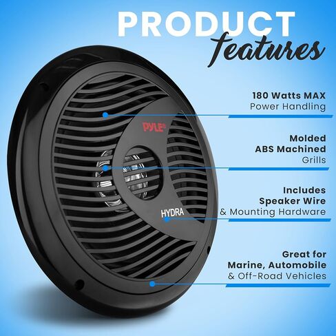 Pyle 8" Marine Vehicle Speakers - Dual 180W 4 Ohm Waterproof Car Component Speaker System, PP Cone w/ Rubber Surround, 20 Oz Magnet 1.5" Voice Coil, For Custom Audio Boat Truck Mobile Off-Road (Black) in Saudi Arabia