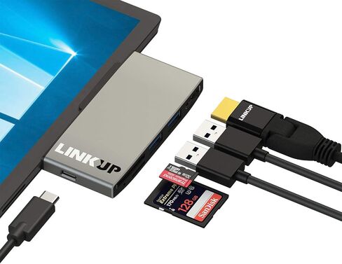 LINKUP - محور محول قارئ الذاكرة الصغيرة المتوافق مع Surface Pro (3/4/5/6) | محطة إرساء 6 في 1 | 2 × USB-A 3.0 SD/TF/MicroSD 5 جيجابت في الثانية | فتحة قاعدة صغيرة مفتوحة لقابس شحن الطاقة الأصلي in Kuwait
