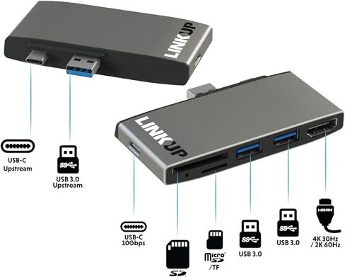 LINKUP - محور محول قارئ الذاكرة الصغيرة المتوافق مع Surface Pro (3/4/5/6) | محطة إرساء 6 في 1 | 2 × USB-A 3.0 SD/TF/MicroSD 5 جيجابت في الثانية | فتحة قاعدة صغيرة مفتوحة لقابس شحن الطاقة الأصلي in Kuwait