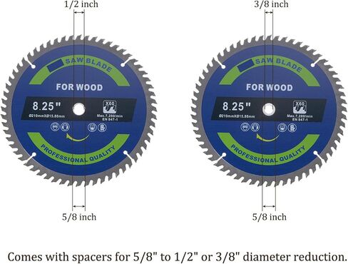 Circular Saw Blade - [8 1/4-inch x 60 Teeth x 5/8-inch Arbor] Circular Cutting Blade with 5/8" to 3/8" Washer Adapter for Woodworking Plastic Use, 0.08-inch Kerf in Saudi Arabia