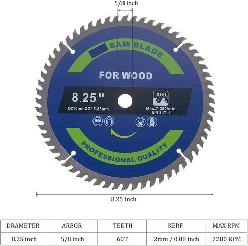Circular Saw Blade - [8 1/4-inch x 60 Teeth x 5/8-inch Arbor] Circular Cutting Blade with 5/8" to 3/8" Washer Adapter for Woodworking Plastic Use, 0.08-inch Kerf in Saudi Arabia