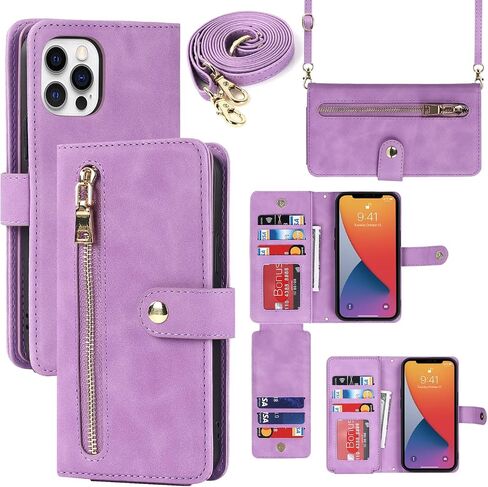 iCoverCase for iPhone 12/12 Pro Wallet Case with Card Holder and Wrist Strap, PU Leather Kickstand Card Slots Zipper Pocket Magnetic [Detachable] Flip Cover Case 6.1 Inch (Black) in Saudi Arabia