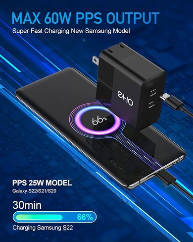 USB C Charger for Samsung S22/S22 Ultra/S22+, PPS 25W Max Super Fast Charging Wall Charger 60W Foldable GaN Type C Versatile Fast Charger Block Adapter Compatible with MacBook, iPhone, Pixel, etc. in Kuwait