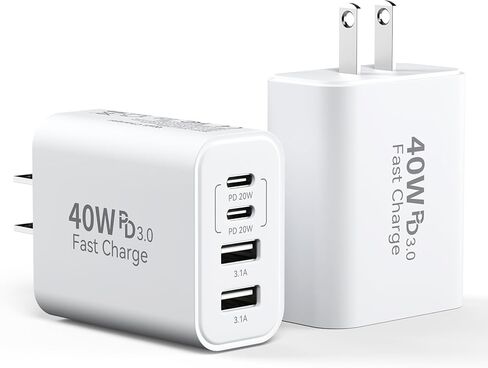 كتلة شاحن حائط USB C، 2 حزمة 40 وات 4 منافذ شحن سريع كتلة PD محول الطاقة + QC 3.0 USB A قابس حائط متعدد المنافذ من النوع C Box Cube لهاتف iPhone 15/14/13/12/11 Pro Max، iPad، Samsung Galaxy، بكسل in Kuwait