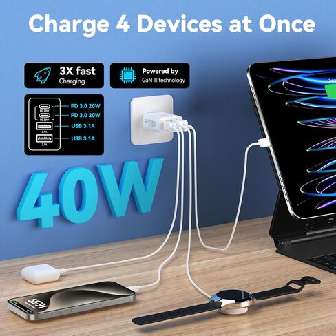 كتلة شاحن حائط USB C، 2 حزمة 40 وات 4 منافذ شحن سريع كتلة PD محول الطاقة + QC 3.0 USB A قابس حائط متعدد المنافذ من النوع C Box Cube لهاتف iPhone 15/14/13/12/11 Pro Max، iPad، Samsung Galaxy، بكسل in Kuwait