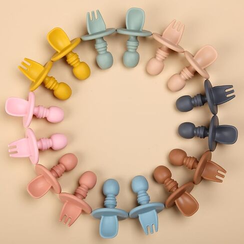 Baby Spoons with Holder Strap for Kids Aged 6+ Months Self Feeding, No Throw Toddler Travel Essential Leash for High Chair or Bib or Wrist, Silicone Baby Led Weaning Supplies-Muted/Muted in Saudi Arabia