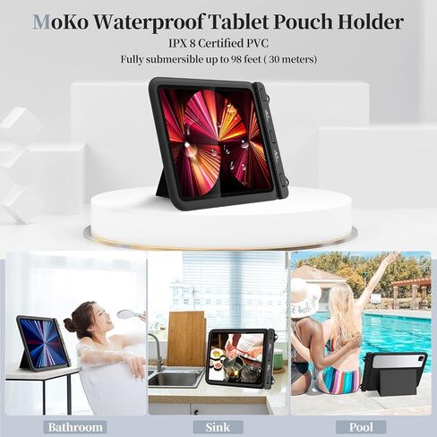 MoKo Waterproof Tablet Case Compatible with Fire HD 10, iPad 10th, iPad Pro 11 2022, iPad Air 5/4/3/2, iPad 10.2/9, Galaxy Tab S6/S7, Tab A 10.1, Stand Holder Dry Bag for Bathroom Kitchen Stand Pouch in Saudi Arabia