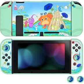 DLseego Grip Case Controller for Switch OLED Console 2021, Durable Anti-Slip Shock-Absorption Protective Hard Case with 2 PCS Comfortable Thumb Grips Caps for Joycon Controllers - Green Pikm Dog