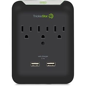 TrickleStar TS1207-3 Outlet Power Tap w/USB Charging Ports, Ceramic, Fireproof Surge Protection