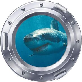 Woodland Arts 3D Undersea Big Shark Porthole Submarine View Tropical Ocean 18 x 18 inch Removable Vinyl Peel and Stick Decorative Wall Decals Stickers for Children Kids Room Nursery