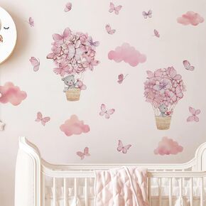 Pink Baby Bear Butterfly Hot Air Balloon Cloud Wall Stickers, sacinora Cute DIY Wall Decals Removable Vinyl Peel and Stick for Kids Baby Nursery Bedroom Toddler Room Kindergarten Decorations