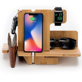 JackCubeDesign Wood Docking Station Nightstand Organizer Key Holder Wallet Stand Watch Gift Anniversary for Men Dad Father Birthday Graduation Gadgets Compatible with iPhone iWatch AirPods - MK242A