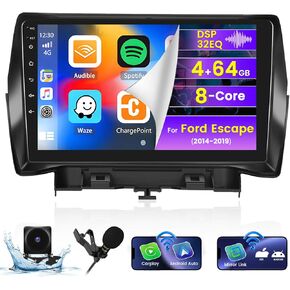 Roinvou 8 Cores 4+64G Android Car Radio for Ford Escape 2014-2019, 9" Touch Screen Carplay Android Auto with 32EQ Bluetooth WiFi GPS Navigation Mirror Link Backup Camera