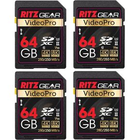 Ritz Gear Video Pro SD Card UHS-II 64GB SDXC Memory Card 4-Pack U3 V90 A1, Extreme Performance Professional (R 280mb/s 250mb/s W) for Advanced DSLR,Well-Suited for Video, Including 4K,8K, 3D, Full HD