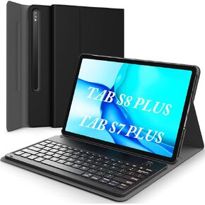 حافظة لوحة مفاتيح Galaxy Tab S8 Plus/ S7 Plus، قابلة للفصل لاسلكيًا، غطاء حامل من جلد البولي يوريثان، قابل لإعادة الشحن عبر USB صغير، حافظة لوحة مفاتيح لهاتف Samsung Galaxy Tab S8+ 2022، S7+ 2020 12.4 بوصة، أسود in Kuwait