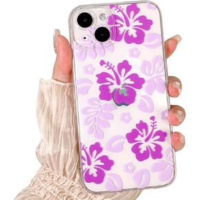 Compatible for iPhone 14 Case Cute Clear Hibiscus Flower Floral Aesthetic Printed Design for Girls Women Soft TPU Shockproof Protective Girly for iPhone 14-Big Blue Flower
