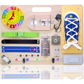 Montessori Wooden Busy Board for Toddlers 2-4, Educational Autism Sensory Toys Fidget Toy, Activity Toys Light Switch Toys for 1 2 3 Year Kids Boys & Girls (A)