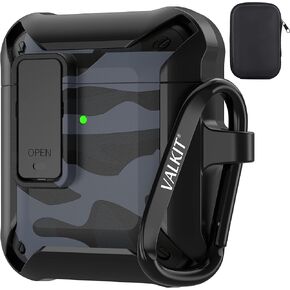 حافظة Valkit لأجهزة Airpods للرجال مع قفل، حافظة Air Pod لكامل الجسم من سلسلة Military Armor مع سلسلة مفاتيح حافظة واقية مضادة للصدمات من Apple AirPods لأجهزة AirPod 2 & 1