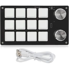 One Handed Programmable Mechanical Keyboard, 12 Keys RGB Multifunctional Gaming Keypad Macro Keyboard with Knob Plug and Play for Windows(Black White)