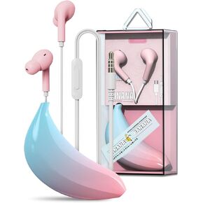 QearFun Earbuds in-Ear Headphones with Microphones,Noise Isolating Gradient Color Wired Earphones with Creative Banana Earphones Storage Case,Gifts for School Girls Boys. (pink)