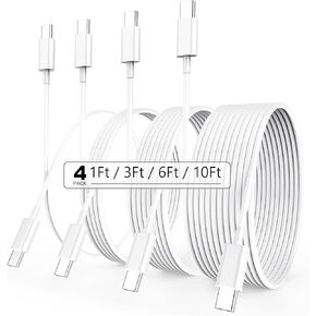 USB C to USB C Cable 60W, 4Pack [1FT+3FT+6FT+10FT] USB C Charger Cable Type C Fast Charging Cord for iPhone 15 Pro Max/15 Pro/15 Plus/15, iPad Pro 2022, Mac Book Air,Samsung Galaxy S23,Switch