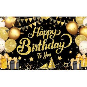 KatchOn, Black and Gold Happy Birthday Banner - XtraLarge, 72x44 Inch | Black and Gold Happy Birthday Backdrop, Happy Birthday Decorations | Happy Birthday Sign, Black and Gold Birthday Decorations