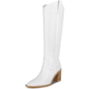 ISNOM Cowboy Boots for Women Cowgirl Boots Women Western Boots for Women, Cowgirl Boots for Women Knee High Boots Women Pointed Toe Chunky Boots for Women Wide Calf Boots Side Zipper Leather Boots