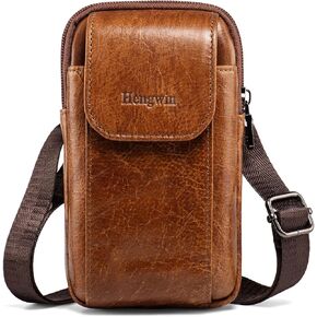 Hengwin Genuine Leather Cell Phone Holster for Belt, Mini Crossbody Purse Shoulder Bag for Men/Women, Belt Pouch Wallet Case with Belt Clip Fit for iPhone 15 14 13 Pro Samsung Galaxy S24 S23 (Brown)