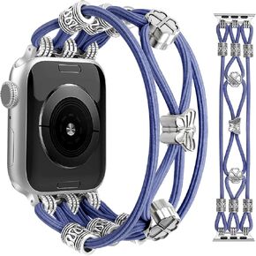 JR.DM Beaded Bracelet Women Compatible with Apple Watch Bands 40mm 45mm 44mm 41mm 38mm 42mm Boho Braided Stretchy Nylon Strap Dressy Fancy Elastic Solo Loop Band for iWatch Series 9/8/SE/7/6/5/4/3/2/1