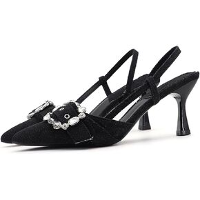 Women's Rhinestone Slingback Denim Kitten Heels,Sexy Closed Pointed Toe Slip On Comfortable Low Heel Dress Pumps for Wedding Party Evening