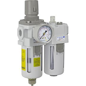 PneumaticPlus SAU410-N04G-MEP Compressed Air Filter Regulator Lubricator Piggyback Combo 1/2" NPT - Metal Bowl, Manual Drain, Bracket, Gauge