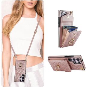 QLTYPRI Crossbody Wallet Case for Samsung Galaxy S22, PU Leather Phone Case with RFID Blocking Card Slots Holder Rotatable Ring Kickstand Wrist Strap Lanyard Handbag Purse Cover for Samsung S22– Black