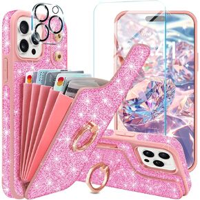 for iPhone 14 Pro Max Wallet Case,with Credit Card Holder [Screen Protector+Camera Lens Protector] Glitter 360°Ring Stand Flip Phone Case RFID Blocking Protective Cover for 14 Pro Max,Pink