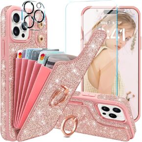 for iPhone 14 Pro Max Wallet Case,with Credit Card Holder [Screen Protector+Camera Lens Protector] Glitter 360°Ring Stand Flip Phone Case RFID Blocking Protective Cover for 14 Pro Max,Pink