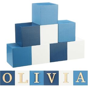 8 Pcs Custom Wooden Name Sign 8 Letter Baby Blocks and 78 Wooden Letter Nursery Name Wooden Cubes Baby Wooden Blocks for Nursery Montessori Baby Shower Name Alphabet Wood Signs (Blue)