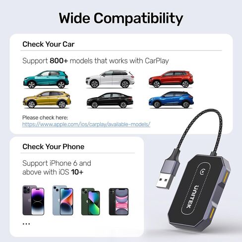 محول Unitek Wireless CarPlay - التوصيل والتشغيل، بلوتوث، محول لتشغيل CarPlay السلكي في المصنع، متوافق مع أجهزة iPhone التي تعمل بنظام iOS 10+ مطلوب in Kuwait