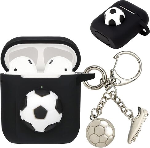حافظة Wonhibo for Airpods للرجال والأولاد، غطاء رياضي أسود رائع لهاتف Apple Airpod 1 & 2 مع سلسلة مفاتيح (كرة القدم) in Saudi Arabia