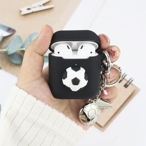 حافظة Wonhibo for Airpods للرجال والأولاد، غطاء رياضي أسود رائع لهاتف Apple Airpod 1 & 2 مع سلسلة مفاتيح (كرة القدم) in Saudi Arabia