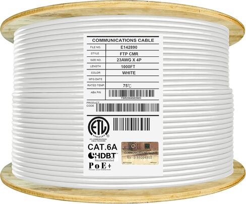 Elite Cat6A Shielded Riser (CMR)، 1000 قدم، FTP 23AWG، نحاس عاري صلب، 650 ميجاهرتز، سرعات 10 جيجابت، مدرج في قائمة UL، شهادة UL-LP، PoE عالي الأداء، بكرة كابل إيثرنت بالجملة، أبيض in Kuwait