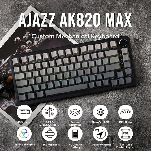 لوحة مفاتيح ميكانيكية لاسلكية مطورة مثبتة على حشية AJAZZ AK820 MAX، لوحة مفاتيح ألعاب BT5.0/2.4 جيجا هرتز/USB-C، مع بطانة من 5 طبقات، PCB مرن، لوحة FR4، مصابيح خلفية RGB لنظام Win/Mac (أسود) in Saudi Arabia