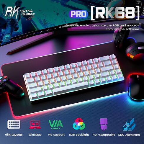 RK ROYAL KLUDGE RK68Pro لوحة مفاتيح ميكانيكية سلكية بنسبة 60% مع إطار CNC، لوحة مفاتيح ألعاب مدمجة مع برنامج 68 مفتاحًا بإضاءة خلفية RGB قابلة للتبديل السريع، مفتاح Gateron الأزرق in Kuwait