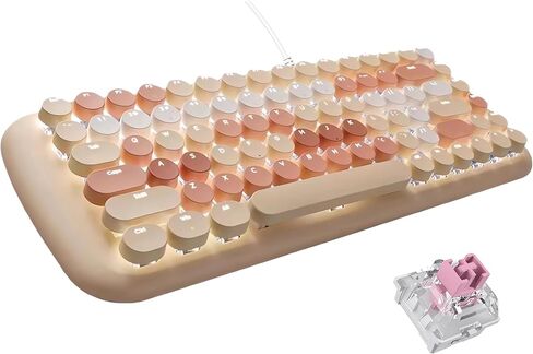 Cute Wired Mechanical Keyboard for Girls with White Backlit, 10 Lighting Effects, Portable 84-Key Round Keycaps Keyboard, Typewriter Style Retro Punk Gaming Keyboard (Milk Tea) in Saudi Arabia