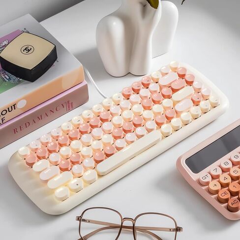 Cute Wired Mechanical Keyboard for Girls with White Backlit, 10 Lighting Effects, Portable 84-Key Round Keycaps Keyboard, Typewriter Style Retro Punk Gaming Keyboard (Milk Tea) in Saudi Arabia
