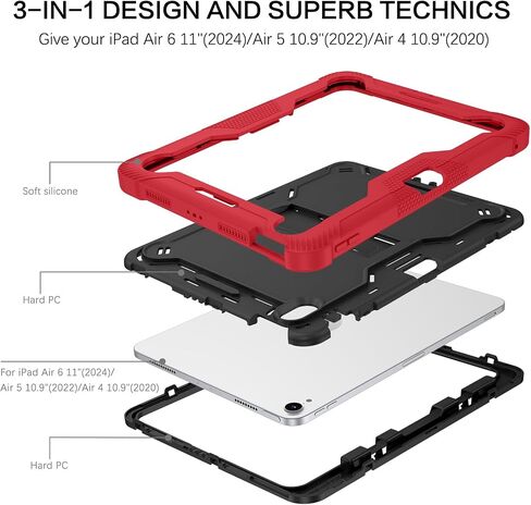 حافظة BENTOBEN لجهاز iPad Air 11 بوصة M2 2024، حافظة iPad Air الجيل السادس مع مسند، حافظة iPad Air 5th/iPad Air الجيل الرابع مع حامل أقلام، غطاء تابلت واقٍ شديد التحمل مقاوم للصدمات 3 في 1، أحمر + أسود in Saudi Arabia