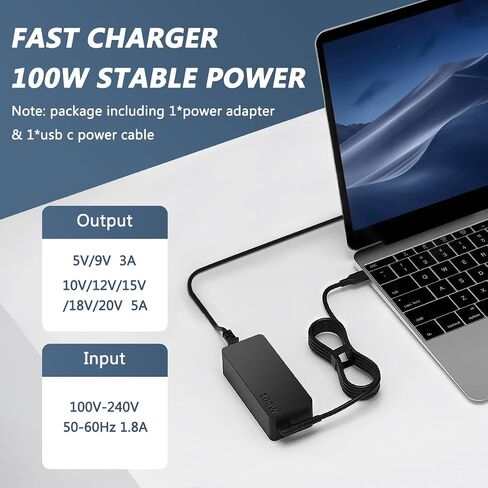شاحن كمبيوتر محمول USB C بقدرة 100 وات، بديل شاحن Mac Book Pro، متوافق مع Mac Book Air 2020 Mac Book Pro 16/14/13 بوصة M2 M1 2022 2021، محول عالمي مع كابل USB-C للشحن السريع in Kuwait