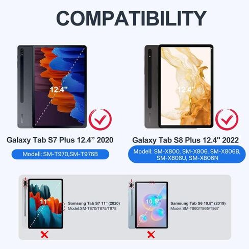 حافظة لوحة مفاتيح Galaxy Tab S8 Plus/ S7 Plus، قابلة للفصل لاسلكيًا، غطاء حامل من جلد البولي يوريثان، قابل لإعادة الشحن عبر USB صغير، حافظة لوحة مفاتيح لهاتف Samsung Galaxy Tab S8+ 2022، S7+ 2020 12.4 بوصة، أسود in Kuwait